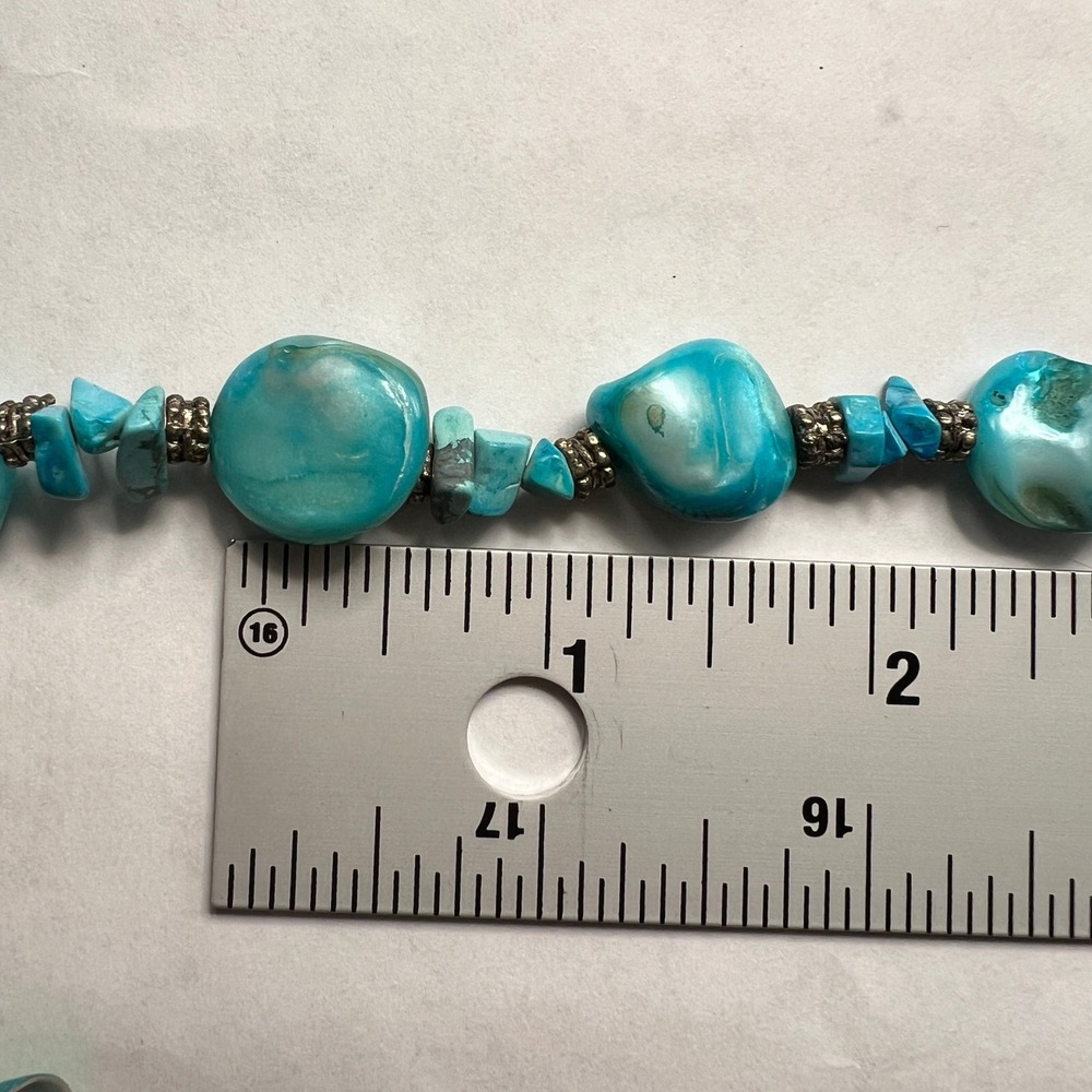 Turquoise Shell Necklace Bracelet Set Chunky Blue Silver Tone Coastal Beachy - Picture 9 of 10
